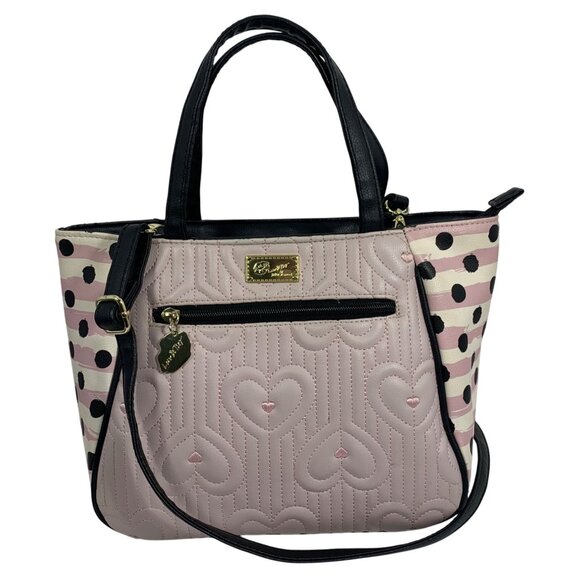 BETSEY JOHNSON Ballet Pink Quilted Heart Polka Dot Striped Sides Handbag Tote - Picture 1 of 10